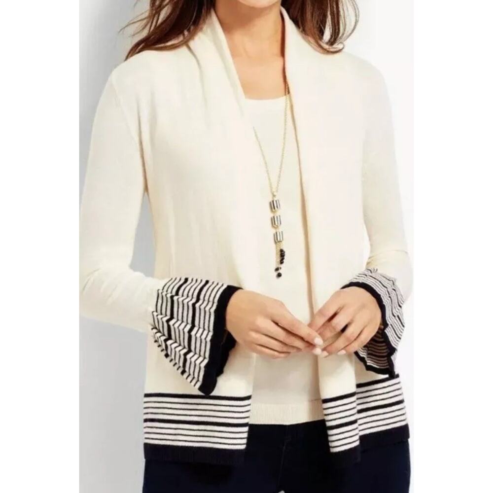 Talbots Cardigan Sweater Open Pleated Bell Sleeve Cashmere Ivory Cream Sz XS